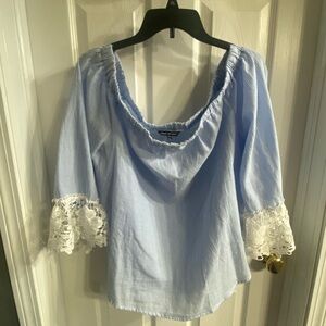 Unique Spectrum Sky Blue Off-Shoulder Blouse with White Lace Sleeves